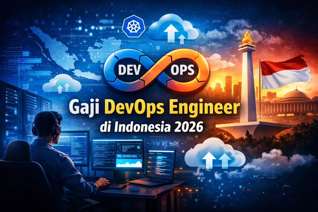 Ilustrasi gaji DevOps Engineer di Indonesia 2026 dengan simbol cloud dan infrastruktur teknologi
