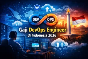 Ilustrasi gaji DevOps Engineer di Indonesia 2026 dengan simbol cloud dan infrastruktur teknologi