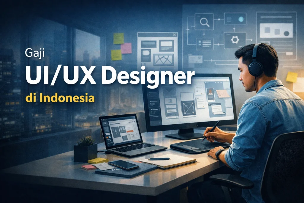 Ilustrasi UI UX Designer bekerja merancang antarmuka aplikasi digital di Indonesia