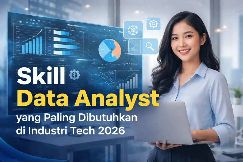 Ilustrasi profesional Data Analyst yang menganalisis data menggunakan dashboard analitik di industri teknologi