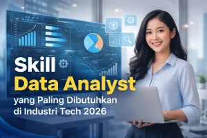 Ilustrasi profesional Data Analyst yang menganalisis data menggunakan dashboard analitik di industri teknologi